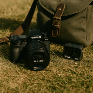 ujifilm XH2S und GoPro Hero 10 liegen mit Tasche im Gras – minimalistisches Filmsetup.